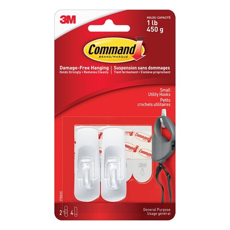 Command™ Adhesive Hooks 2 small hooks with 4 strips Holds 1lb. White