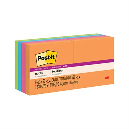 Feuillets Post-it® super collants - collection coup de pouce 2 x 2 in bloc de 90 feuillets (pqt 8)