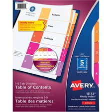 Intercalaires Ready Index® Couleurs variées. 1 jeu. Imprimés. 1-5