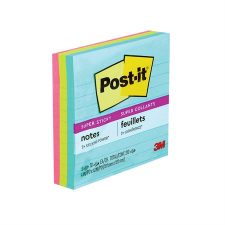 Feuillets Post-it® Super Sticky - collection Éclat de lumière 4 x 4 po, lignés bloc de 90 feuillets (pqt 3)