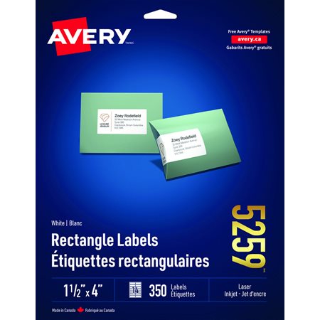 Easy Peel® White Rectangle Labels Package of 25 sheets 4 x 1-1 / 2"  (350)