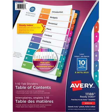 Intercalaires Ready Index® Couleurs variées. 6 jeux. Imprimés. 1-10 onglets