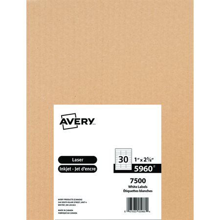 Easy Peel® White Rectangle Labels Box of 250 sheets 2-5 / 8” x 1” (7500)