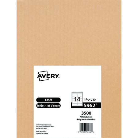 Easy Peel® White Rectangle Labels Box of 250 sheets 4 x 1-1 / 3"  (3500)