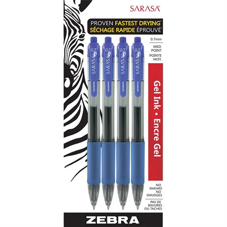 Stylo à bille roulante rétractable Sarasa® 0,7 mm. Paquet de 4 bleu