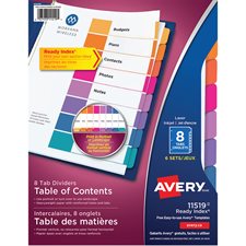 Intercalaires Ready Index® Couleurs variées. 6 jeux. Non imprimés. 8 onglets