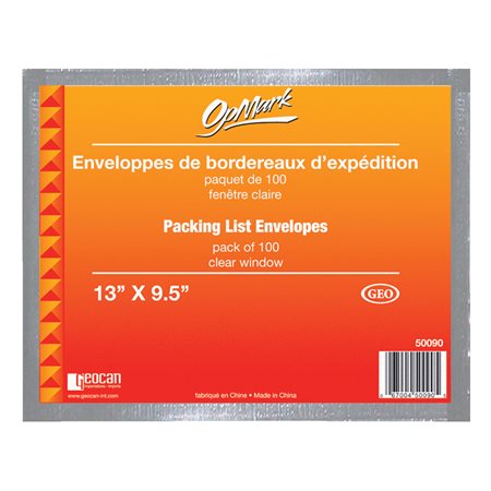 Enveloppe pour bordereaux d'expédition Fenêtre claire, 13 x 9-1 / 2". pqt 100